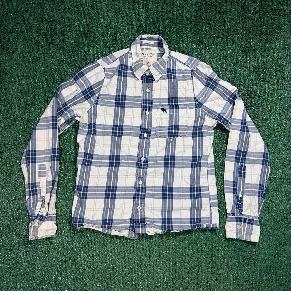 Y2K Abercrombie & Fitch Blue and White Plaid Button-Up Shirt Medium